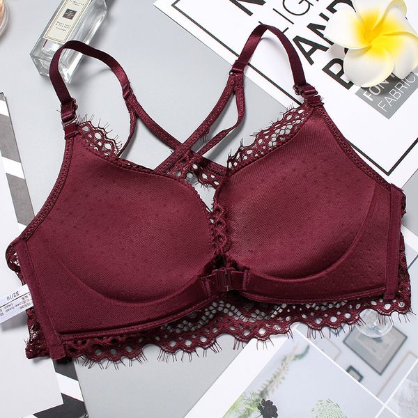 

2019 bra new products mann honey front buckle push up beauty back lace non-steel ring bra women's underwear suit, Red;black