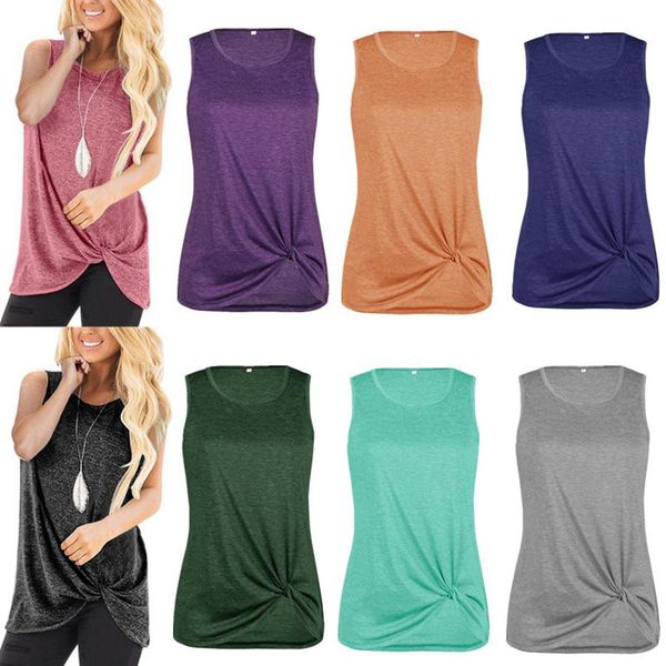 

irregular women t-shirt sleeveless tank suspenders vest solid color tied knot tees sports casual loose tank camis clothes s-2xl a42902, White