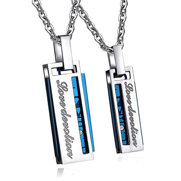 

love devotion blue couples necklace rectangle titanium stainless steel pendant his & hers matching lovers valentine's day gift, Silver