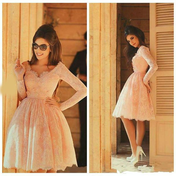 

2020 lace long sleeves knee length homecoming dresses middle east customized short graduation party gowns junior prom dress beaded cheap, Blue;pink