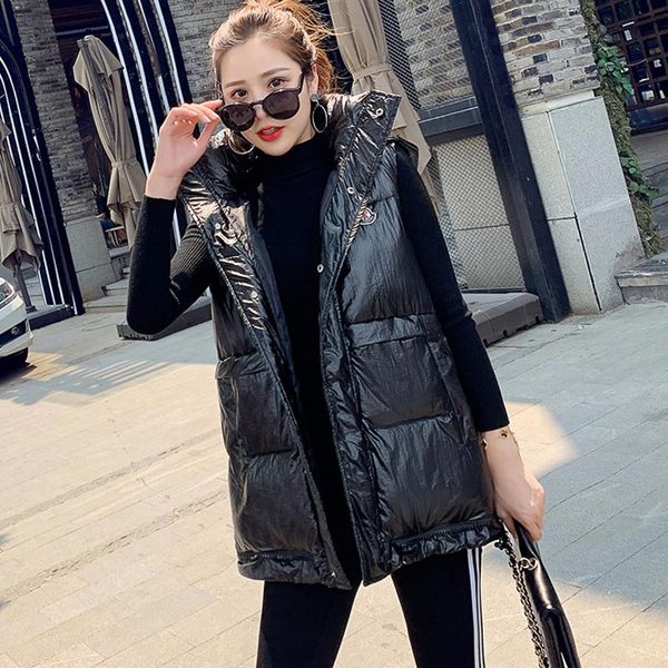 

2019 осень зимняя куртка жилет женщин жилет женский жилет без рукавов куртки с капюшоном дамы теплый повседневный золото глянцевая женщина, Black;white