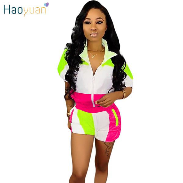 Haoyuan Plus Size Duas peças Conjunto de roupas de verão para mulheres conjuntos de conjuntos de néon top e bicicleter shorts suor terno casual tracksuit
