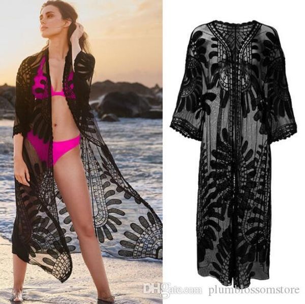 

2020 cover-up see through embroidered long kimono cardigan swimwear white black lace tunic plus size women beach wear swimsuit cover up