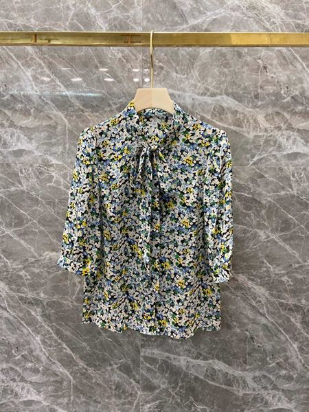 

2020 early spring new women's neckline tie knot decoration small floral long sleeve all-match shirt shirt 403, White