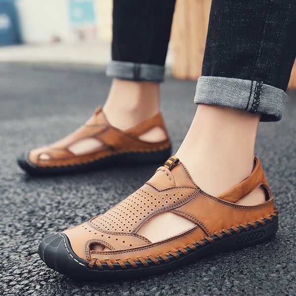 

sandals hollow work slide mens black male jelly for man flip genuine sports athletic sport shoes leather sandal home summer men