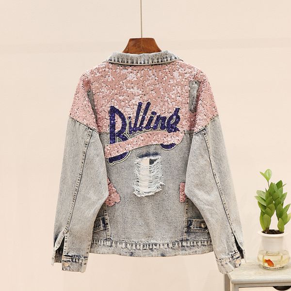 

taotrees autumn loose holes sequins single-breasted denim jackets, Black;brown