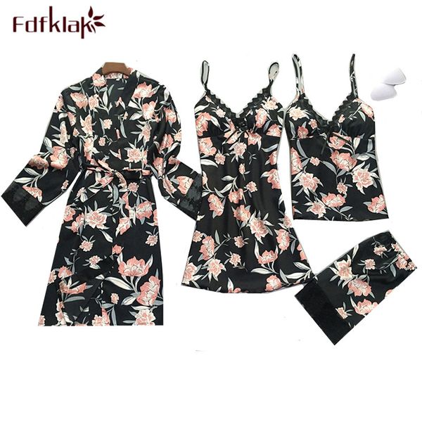 

fdfklak casual silk pajamas women print satin sleepwear set spring summer women's pyjamas home suit pyjama femme 4 pcs pijamas, Blue;gray