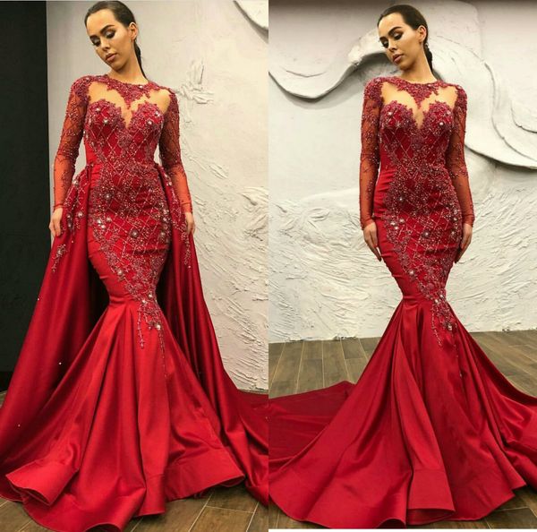 

2019 gorgeous red mermaid evening dresses with detachable train jewel neck lace crystal long sleeve prom gowns party wear quinceanera, Black;red