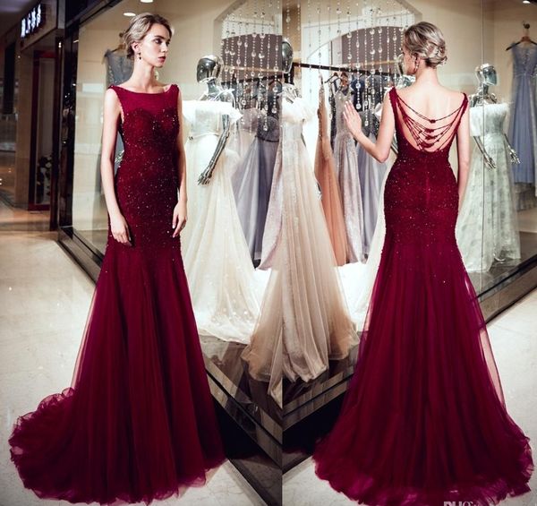 Moda elegante vestidos em torno do pescoço aberto volta beading sereia vinho vermelho tule longo festa formal fabuloso vestidos de noite feminino vestidos de baile