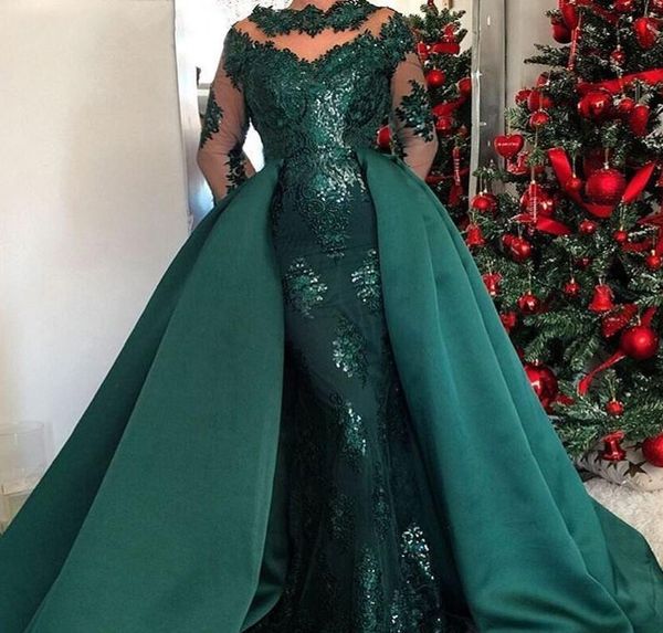 Smaragdgrün lange Ärmeln Meerjungfrau Abendkleider mit abnehmbarem Rock Arabisch Kaftan Dubai Prom Dresses 2019 Elegante formelle Kleid