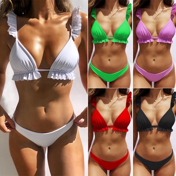 Costumi da bagno da donna Bikini sexy Ruffles Costume da bagno senza schienale Donna Vita bassa Abbigliamento da spiaggia Costume da bagno Triangolo Set Estate Biquinis