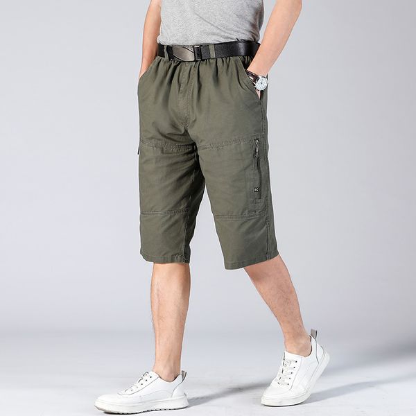 

long shorts men cargo secure pocket zipper bermuda male knee length elastic waist loose cotton summer mens breeches 3/4 pant men, White;black