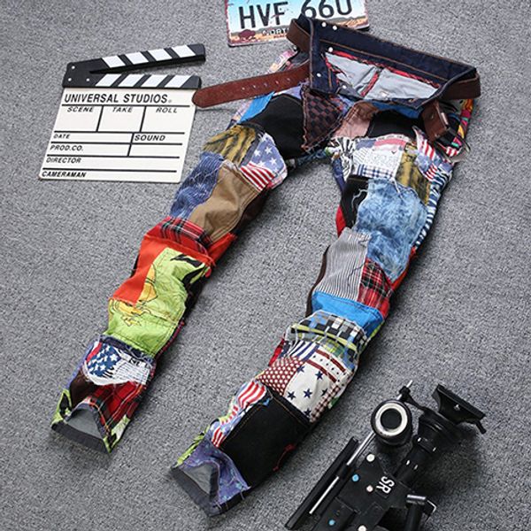 

men's fashion cool style street hip hop jeans multicolor patchwork straight tube full length button jeans, Blue
