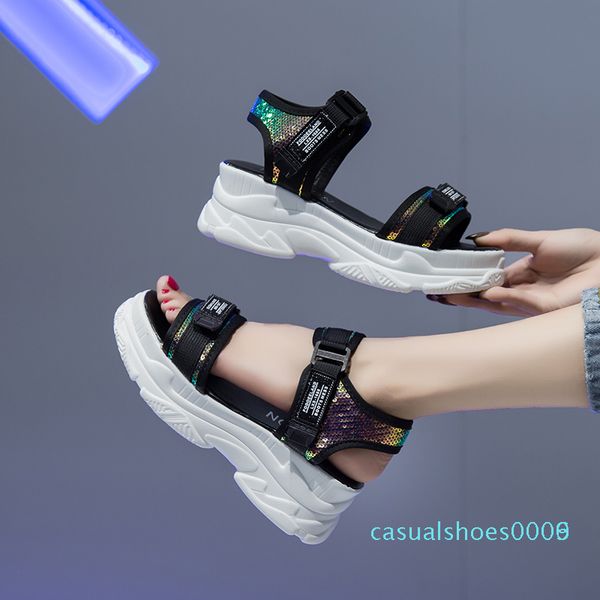 

2020 thick bottom wild female summer new wedge heel high-heeled sports increased fairy cool beach c06, Black