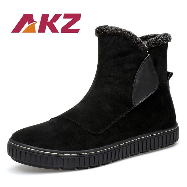 

akz 2018 new arrival cow suede men's ankle boots winter warm snow boots male outdoor work round toe slip on, Black