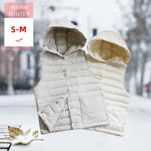 

women fashion slim ultra light short down vest female white duck down sleeveless casual coat with hooded warm windproof liner, Black