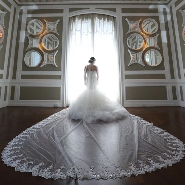 

luxury sequined wedding veils 4m long cathedral length one layer lace appliqued edge bridal veil for women hair accessories, Black