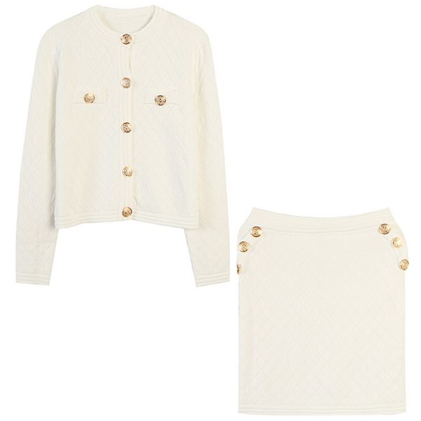 

plaid stitching solid color long sleeve knitted cardigan with zipper half skirt two-piece set in autumn and winter 2019, White