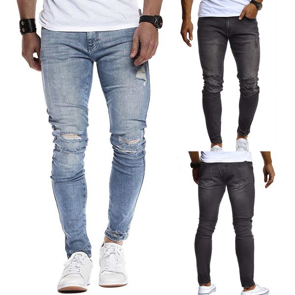 

men's jeans brand creative fashion personality casual long-sleeved worn holes men black skinny for mens, Blue