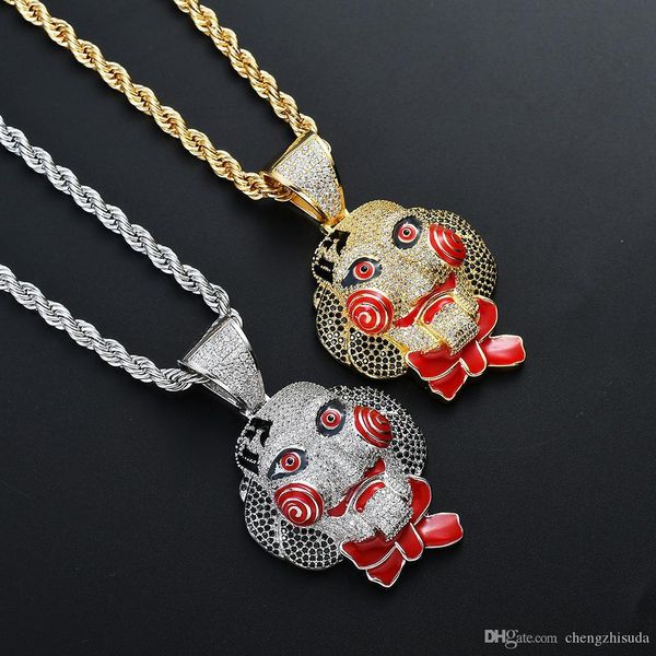 

hip hop saw cry mask clown pendant necklace gold silver color iced out cubic zircon men's hiphop jewelry choker
