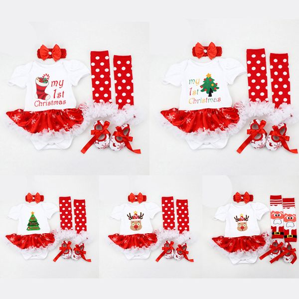 

newborn girls cartoon romper merry christmas theme baby jumpsuit lace bow-tie dot striped onesies bodysuit foot cover headband shoes 06, Blue