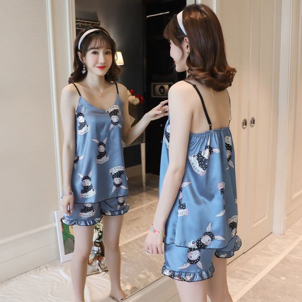 

pajamas female summer suspenders korean thin soft cute student silk v-neck two-piece shorts suit home service nightwear, Black;red