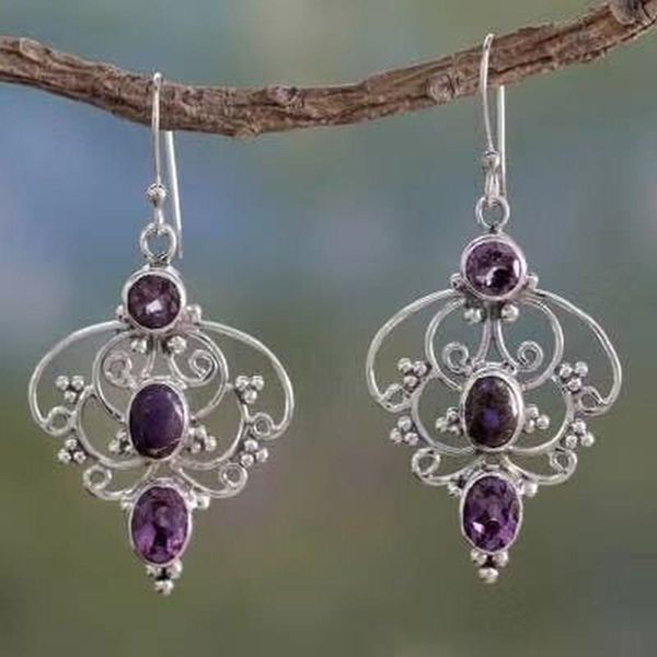 

vintage purple crystal stones dangle earrings for women ladies handmade drop earrings hanging bride wedding earring jewelry, Silver