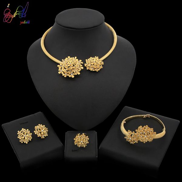 

yulaili new nigerian wedding jewelry sets for women zinc alloy flower shape crystal necklace earrings african costume party jewellery, Black