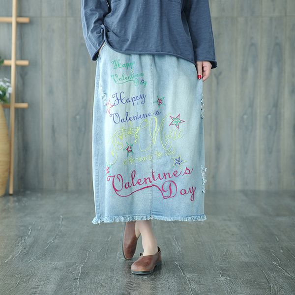 

2019 spring summer woman vintage oversized denim skirt letter print embroidered elastic waist ripped loose casual jeans skirt, Black
