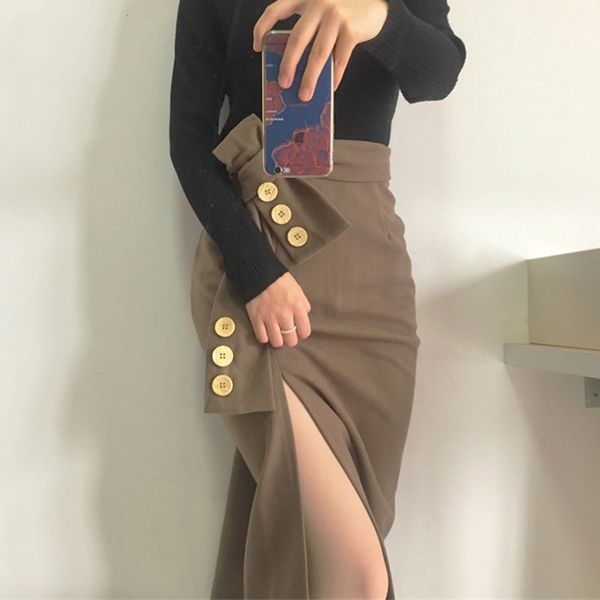 

elegant lace up midi skirt women autumn winter high waist split female skirt streetwear offices ladies pencil skirts, Black
