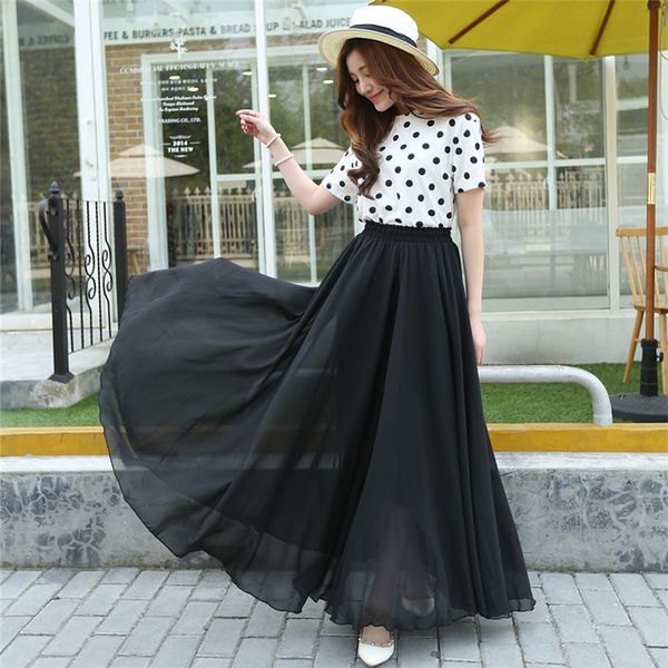 

2019 new summer bohemia skirts women stretch high waist solid chiffon long skirts beach maxi skirt faldas saias streetwear boho, Black