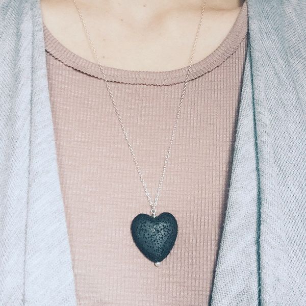 

long lava heart necklace lava stone necklace. minimalist xl355, Silver