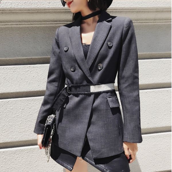 

deat 2018 summer autumn new pattern coat notched button full sleeve belt tunic empire waist ladies fashion blazer bc084, White;black