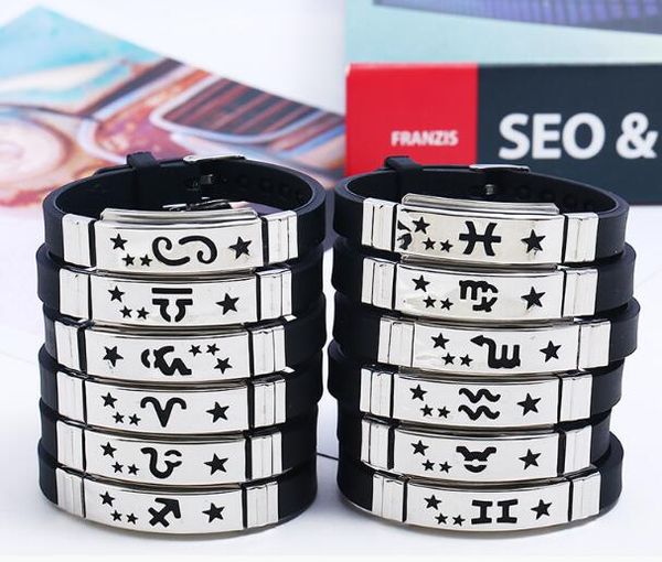 

3pcs/lot new lovers factory stainless steel 12 constellation silicone charm bracelet titanium steel jewelry birthday gift cheap, Golden;silver