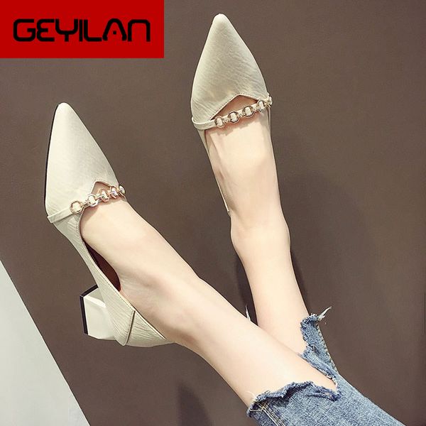 

2020 new fashion pumps mid chunky heel pointed toe slip on women leather heels shoes with chain decoration spring autumn, Black
