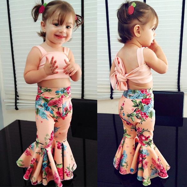 

kids baby girl clothes set off shoulder strap solid sleeveless flower print pants 2pc cotton casual toddler newborn outfits, White