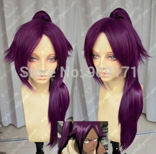 ÜCRETSIZ KARGO + + Shihouin Yoruichi 60 cm Mor Lolita Cosplay Parti Peruk w / At Kuyruğu