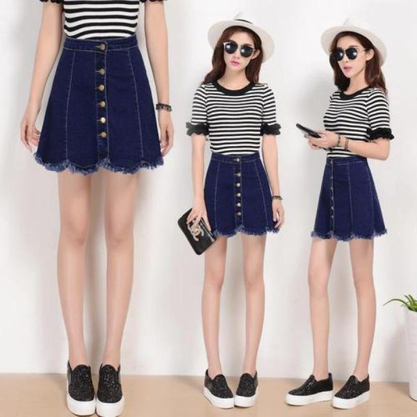 

2019 new summer women midi denim skirt fashion tassels patchwork single breasted a-line skirts female solid joker casual skirts, Black