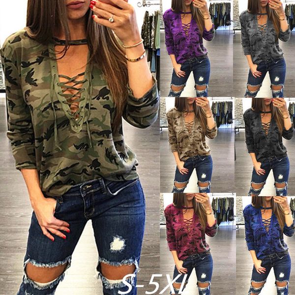 

women lace up long sleeve t-shirt slim casual camouflage print s-5xl, White