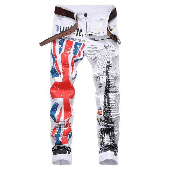 

europe and america men's wear white the united kingdom paris eiffel tower printed casual jeans fashion foreign trade large size, Blue