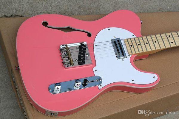 

factory wholesale pink body one f hole2019 electric guitar with white pickguard,maple fretboard,white binding offer customized
