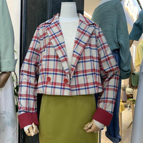 

office ladies notched collar plaid women blazer double breasted autumn jacket 2019 casual female suits coat, White;black