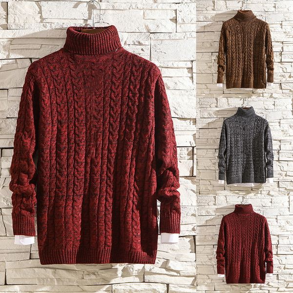 

winter solid color cable-knit turtleneck false two-piece sweater high neck thick warm slim fit pullover men sweater, White;black