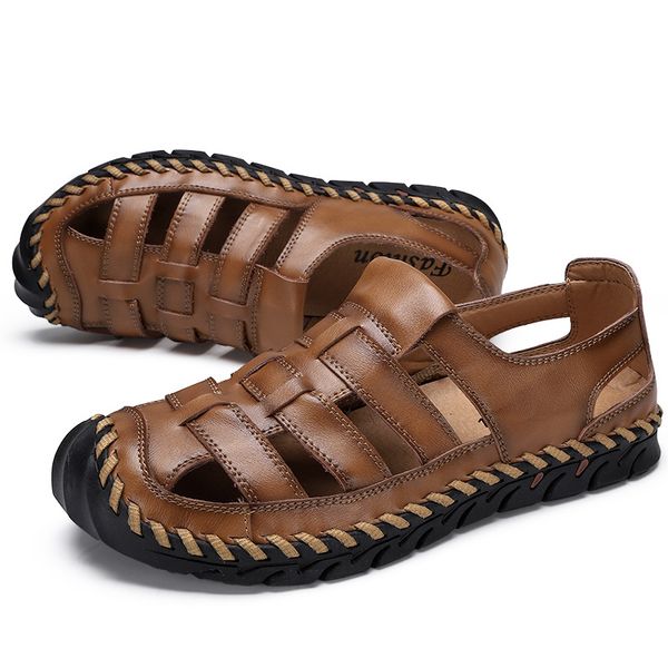 

sandals chappal for man shoes large size retro handmade sewing closed toe sandalias sandales homme leather men, Black