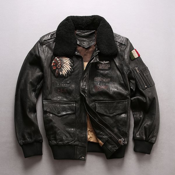 

a2 pilot genuine leather coat black sheepskin fur collar leather coats motorcycle men clothing