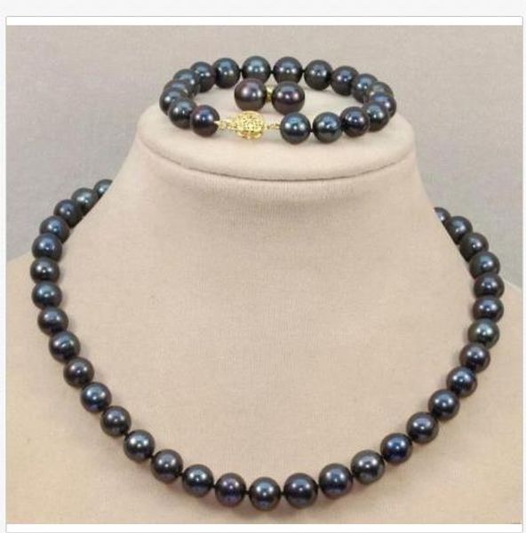 

9-10mm natural south sea black pearl necklace bracelet earrings 14k clasp, Silver