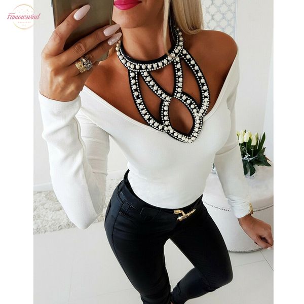 

women studded beaded t shirt hollow out solid v neck tees female long sleeve t shirts slim casual clothes femme, White