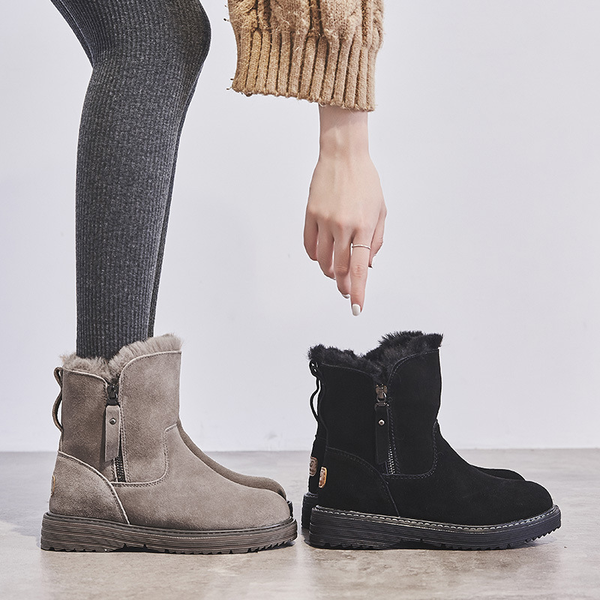 

flat leather boots women zip short plush winter shoes women 2019 warm ladies boots ankle sewing fashion black shoes