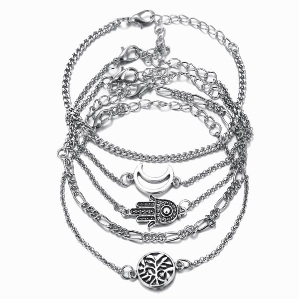 

2019 new fashion accessories vintage alloy hollow multilayer moon palm leaf bracelets set for women jewelry party bangle gifts, Black