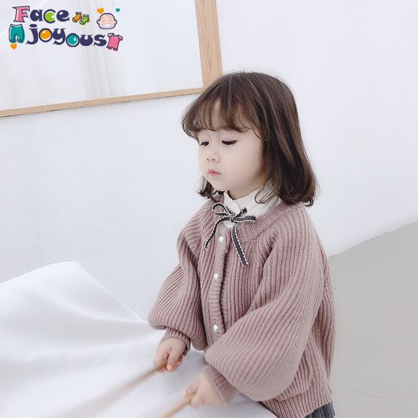 

children's wear 2019 autumn winter new baby girls cardigan sweater coat sweater kids pearl buckle outwear, Blue;gray